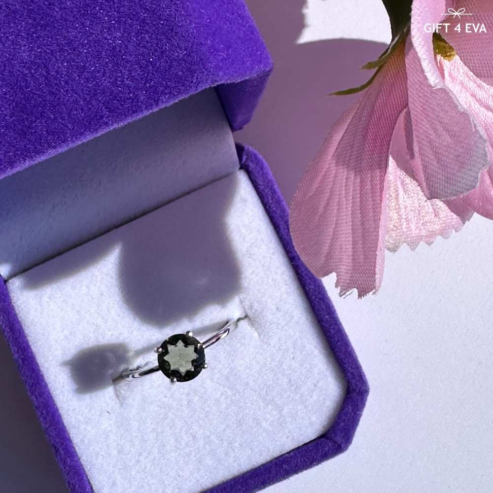 Olive Moldavite 925 Silver Adjustable Ring